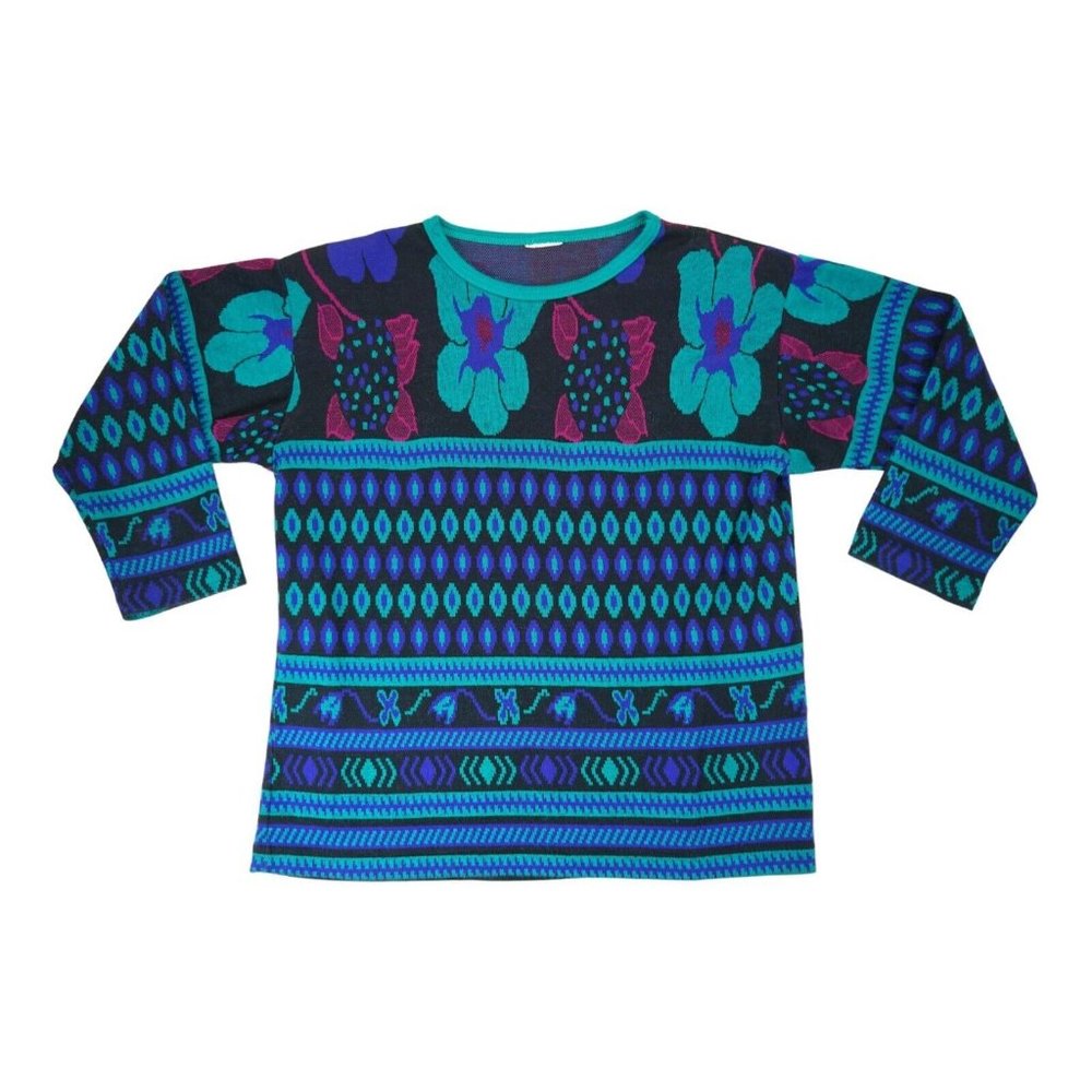Vintage Cape Cod Sportswear Teal Floral‎ Long Sleeve Knit Top Size Large